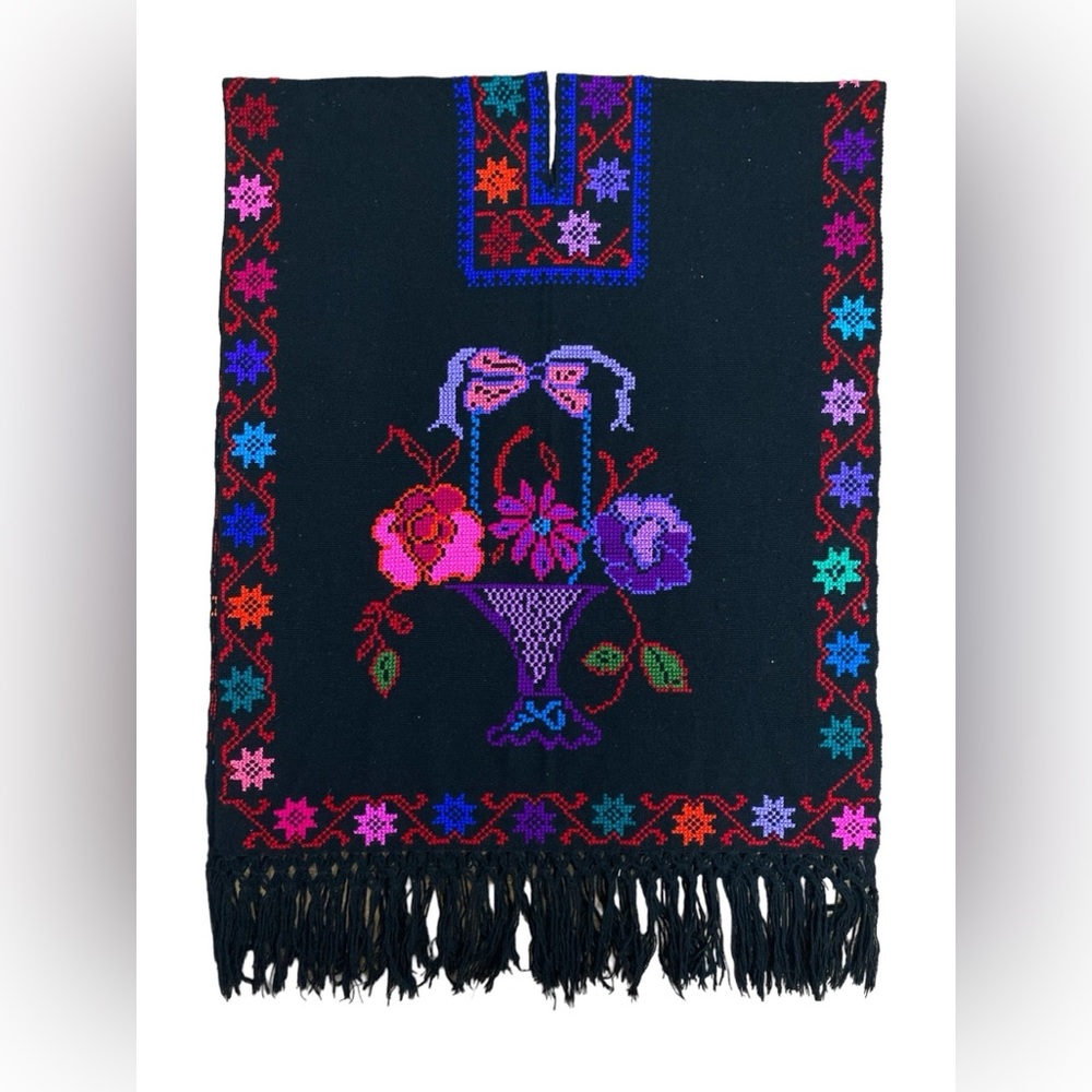 Mexican Floral Poncho Black